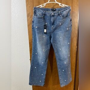 Fashion Nova Blue Denim Jeans with Pearl & Rhinestone Embellishments